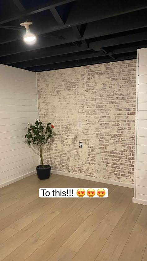 Easy DIY faux brick accent wall using panels! Upgrade your space easy and inexpensive! | Pinterest Faux Brick Accent Wall, Cheap Basement Remodel, Basement Decoration, Brick Accent Wall, Brick Wall Paneling, Dream Basement, Basement Remodel Diy, Basement Inspiration, Faux Brick Walls