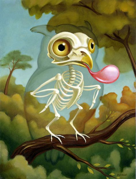 Chris Buzelli, Owl Skeleton, Pop Surrealism Art, Inexpensive Art, Pop Surrealism Lowbrow, Brow Art, Skeleton Illustration, Surrealism Art, Lowbrow Art