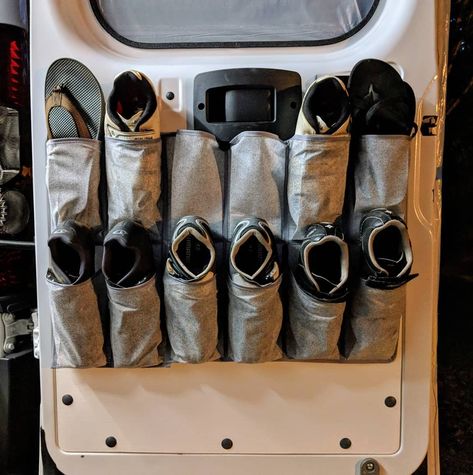 Dolly, the RAM ProMaster on Instagram: “Shoe storage!!! These are the bottom panels on the back doors. We bought 1/4" plywood, paint, and an over the door shoe rack. We reused the…” Vanlife Shoe Storage, Campervan Shoe Storage, Door Shoe Rack, Space Saving Shoe Rack, T4 Camper, Instagram Shoes, Boot Storage, Campervan Life, Build A Camper Van