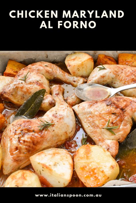 Need a new recipe for winter? Our oven baked chicken marylands will keep you warm through the colder months. Get the recipe on Italian Spoon today. Chicken Maryland Recipes Dinners, Maryland Chicken Recipes, Chicken Maryland Recipes, Maryland Chicken, Chicken Maryland, Chicken Roast, Cut Recipe, Italian Chicken Recipes, Oven Roasted Chicken