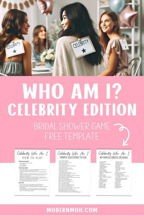 Learn everything about the Who Am I bridal shower game – Celebrity Edition! This version is perfect for the bride who loves famous celebrities. Discover what you need and how to play this fun and engaging game, and ensure your bridal shower party is a hit. Download your Who Am I bridal shower game free printable today! Maid Of Honor Responsibilities, Moh Speech, Bridal Shower Games Prizes, Maid Of Honor Duties, Gifts For The Bride, Bridal Shower Game, Game Printable, Wedding Games, Party Food Ideas