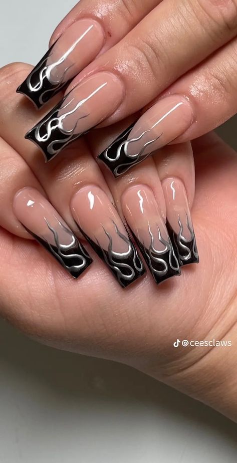 Black Nail Art Square Nails, Blue Square Nail Designs, Goth Nails Square, Emo Nails Ideas, Black Square Acrylic Nails, Black Coffin Nail Designs, Nail Ideas Black, Rave Nails, Acrylic Nails Stiletto