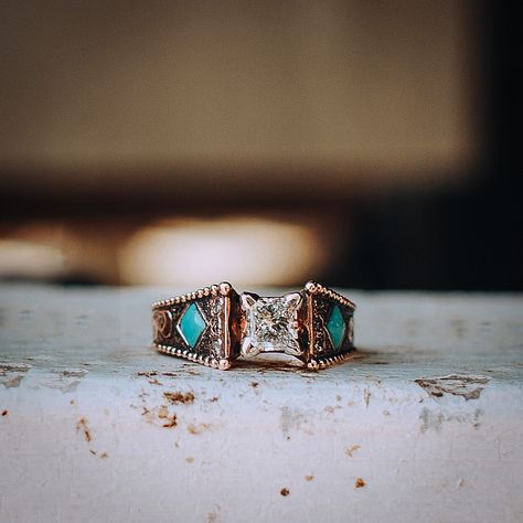 Princess Cut Diamond Ring w/ Turquoise & Diamond Accents 14k Gold | Carroll Spur Co. Rustic Country Wedding Rings, Thick Band Engagement Ring Western, Western Engagement Rings Turquoise Wedding Bands, Cowboy Wedding Rings, Western Rings Engagement, Western Engagement Ring, Weddin Rings, Western Wedding Rings Sets, Turquoise Wedding Ring Set