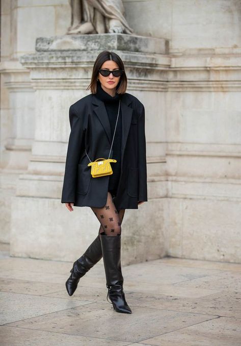 Knee High Boots Outfit Street Style, Tights Street Style, Black Knee High Boots Street Style, Black Long Boots 2022, Fendi Street Style, Black Fitted Knee-high Boots Edgy Style, Alternative Style Black Knee-high Boots For Streetwear, Edgy Streetwear Knee-high Boots For Fall, Floral Tights