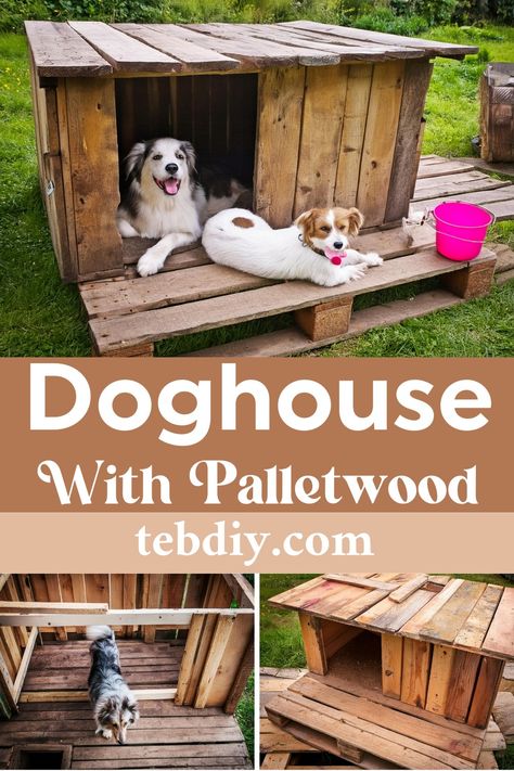 DIY Doghouse With Pallet Wood Dog House From Pallets Diy, Pallet Dog House Outdoor, Kennel Makeover, Dog House Out Of Pallets, Pallet Doghouse, Dog House Diy Outdoor, Diy Doghouse, Pallet Dog House, Small Dog House