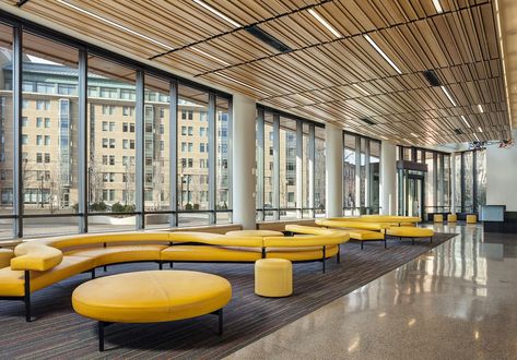 Lobby at the new MassArt Student Residence Hall designed by architecture and design firm ADD Inc in Boston Lucy Chen, Student Residence, Student Lounge, Interior Design Colleges, Lobby Seating, Residence Hall, Architecture Landmark, Student House, H Design