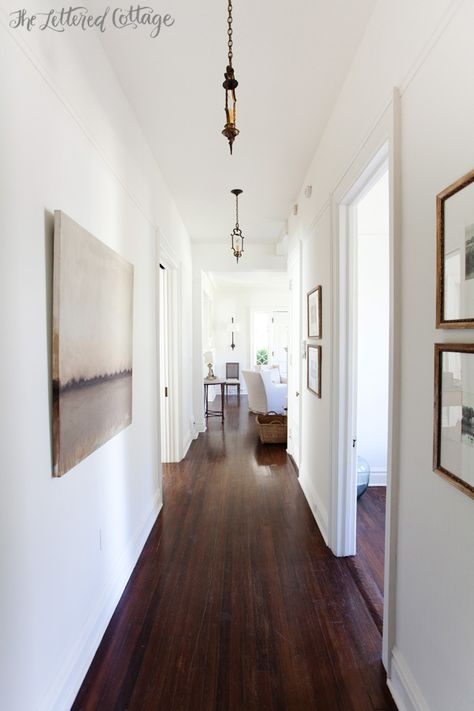 Hallway | Ashley Gilbreath Interiors | Wood Floor | Antique Pendant Lights Dark Brown Wood Floors, Dark Wood Floors Living Room, Ashley Gilbreath Interiors, Ashley Gilbreath, Dark Brown Floor, The Lettered Cottage, Lettered Cottage, White Hallway, Southern Style House