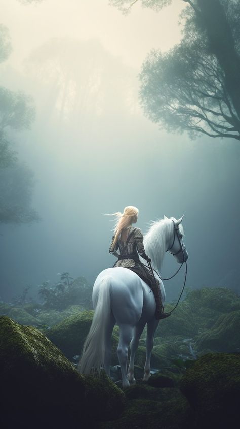 Blond Elf Woman, Female Warrior On Horse, Blonde Fantasy Art, Fantasy Horse Rider, Warrior Woman Wallpaper, Dark Horse Aesthetic, Horse Fantasy Art, Fantasy Horse Art, White Horse Wallpaper