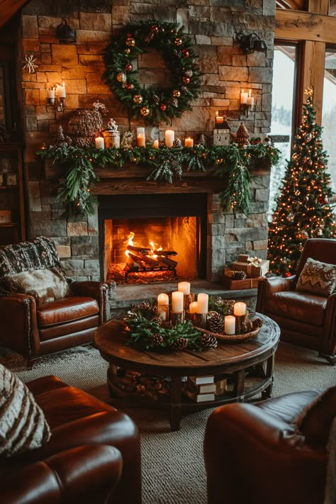 Transform your living room into a festive wonderland with this warm and inviting Christmas home decor. Featuring elegant garlands and candles, it’s perfect for a cozy holiday ambiance. #ChristmasHomeDecor #FestiveHome #HolidayVibes Cozy Fireplace Christmas, Classy Holiday Decor, Cosy Christmas Living Room, Cozy Cabin Christmas Decor, Classic Traditional Christmas Decor, Vintage Christmas Aesthetic Cozy, Chalet Christmas Decor, Xmas Living Room, Chalet Christmas