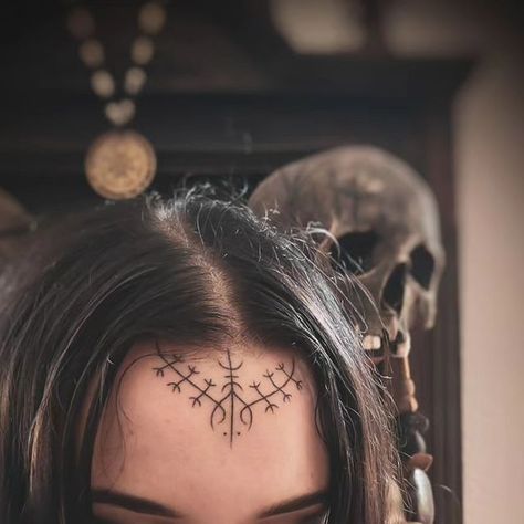 Feminine Forehead Tattoo, Face Tattoos For Women Forehead, Rune Face Tattoo, Viking Neck Tattoos Women, Nordic Face Tattoo, Witchy Face Tattoo, Elven Face Tattoo, Forehead Tattoo Woman Hairline, Delicate Face Tattoo