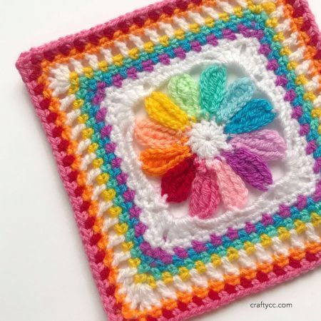 Free crochet rainbow square pattern- Happy Granny Square Day 2019! – Crafty CC Rainbow Granny Square, Rainbow Afghan, Flower Granny Square Pattern, Crochet Flower Granny Square, Crochet Flower Granny Square Pattern, Granny Square Pattern Free, Sunburst Granny Square, Crocheted Squares, Flower Granny Square