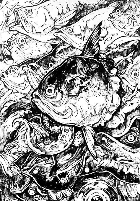 Sorie Kim, Fish Drawings, Ink Artwork, Ink Sketch, Sketchbook Inspiration, Ink On Paper, Ink Illustrations, Art Reference Photos, Ink Art