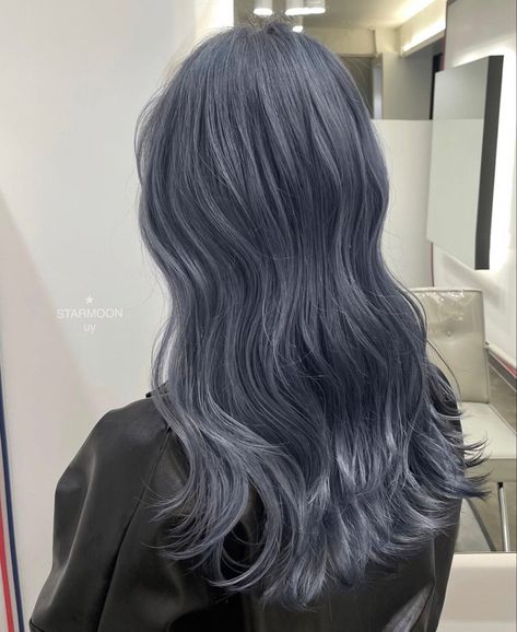 Blue Hair With Silver Highlights, Korean Hair Colours, Blue And Grey Hair Color, Blue Ash Hair, Grey Dye Hair, Asian Dye Hair, Slate Blue Hair Color, Silver Blue Hair Color, Ashy Blue Hair Highlights