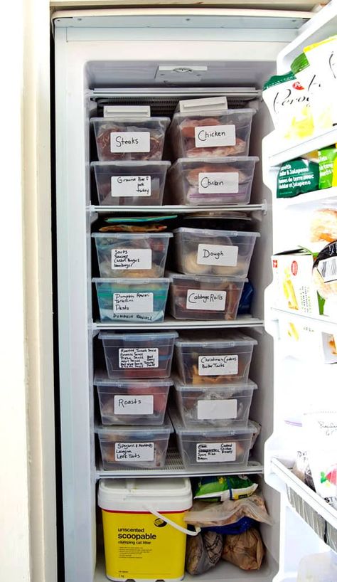 How to Fit twice as much into your freezer.Organizing week continues! |The Art of Doing Stuff Vertical Freezer Organization, Organize Freezer, Vertical Freezer, Chest Freezer Organization, Freezer Ideas, Clear Containers, Freezer Organization, Freezer Containers, Kitty Litter