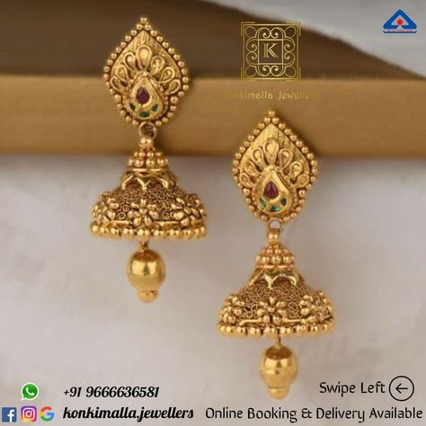 #KJ_G478 Net Weight: up to 12 grams Item : Model Buttalu Fb, Insta, Pinterest: @konkimalla.jewellers Gold Jhumkas, Gold Jhumka, Jhumka Designs, Gold Earrings Models, Indian Bridal Jewelry Sets, Gold Jewellry, Bow Window, Pink Background Images, Gallery Wallpaper