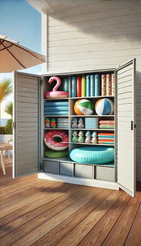 15 Smart Pool Float Storage Ideas to Maximize Space 24 Beach Storage Ideas, Outdoor Towel Storage For Pool, Outdoor Pool Storage Ideas, Pool Storage Ideas Organizations, Pool Chemical Storage Ideas, Pool Equipment Shed, Life Jacket Storage Ideas, Outdoor Pool Storage, Pool Float Storage Ideas