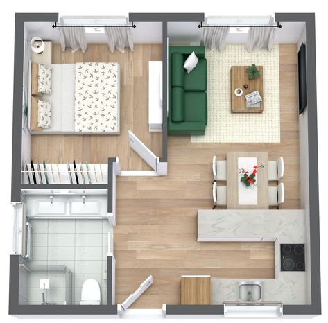 Check out the rare double sink in this tiny house floor plan idea. Perfect for couples. Browse our floor plans and customize today. Small Apartment Floor Plans Studio Apt, Tiny House Floor Plan, Small Apartment Plans, Small House Blueprints, One Bedroom House, Small House Layout, Tiny House Interior Design, Sims Builds, Tiny House Layout