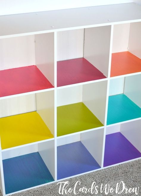 Rainbow Book Shelves, Preschool Cubby Ideas, Daycare Cubbies, Toys Organizer, Rainbow Playroom, Daycare Decor, Daycare Design, Toy Organizer, Rainbow Room