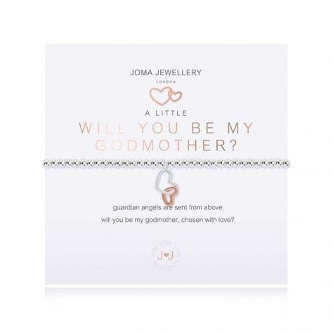 A Little Will You Be My Godmother Silver 17.5cm Stretch Bracelet 3888 Joma Jewellery A Little Will You Be My Godmother Silver 17.5cm Stretch Bracelet 3888 guardian angels are sent from above, will you be my godmother, chosen with love? Our loved ‘A Little’ collection is filled with pretty charms perfect for celebrating every special occasion. Each beautiful silver-plated bracelet is wrapped around a lovely card, finished with a sweet poem and meaningful sentiment, the perfect gift or little treat.Collection - A LittlesDimensions - 17.5cm StretchWeight - 7g1 year Guarantee Plated jewellery will tarnish over time, to avoid it tarnishing faster than it should, keep it from coming into contact with materials such as: detergents, bleaches, ammonia, chlorine, perfumes, body-creams and hairspray. Godmother Bracelet, My Guardian Angel, Painted Cottage, Rose Gold Charms, Personalized Gift Bags, Happy 50th, Happy 50th Birthday, Teacher Apple, Silver Plated Bracelet