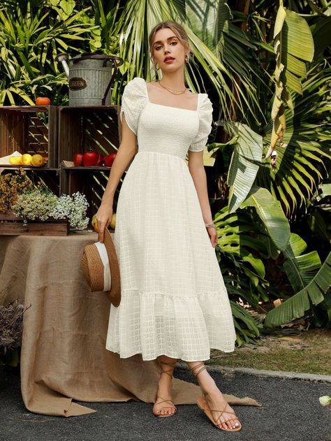 Apricot Elegant Collar Short Sleeve Woven Fabric Plain A Line Embellished Non-Stretch  Women Clothing White Dresses Modest, Trip Dresses For Women, White Frocks For Women Western, Simple Frock Designs For Women, Women Frock Design, Aesthetic Frocks, Western Dress Women, Sun Dresses Modest, Vestidos Nude