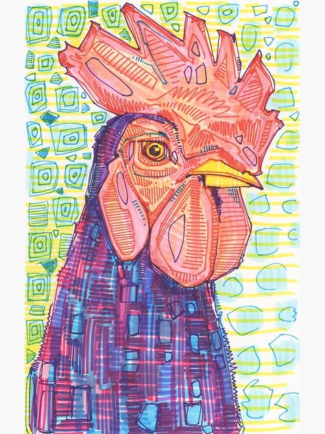 "Rooster Drawing - 2015" Metal Print for Sale by gwennpaints | Redbubble Things To Draw With Highlighters, Gwenn Seemel, Chicken Sketch, Rooster Drawing, Experimental Drawing, 4h Ideas, Artistic Ideas, Embroidered Portrait, Posca Art