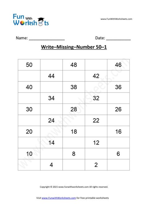 Reverse Counting 50 To 1 Worksheet, Ukg Worksheet, Number Practice Worksheets, Number Learning, Number Practice, Counting Practice, Math Practice Worksheets, 1 Worksheet, Learn Numbers