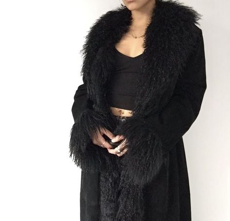 Afghan Coat Outfit, Black Afghan, Thrift List, Coat Outfit Ideas, Winter Moodboard, Black Fur Coat, Boho Coat, Afghan Coat, Mongolian Fur