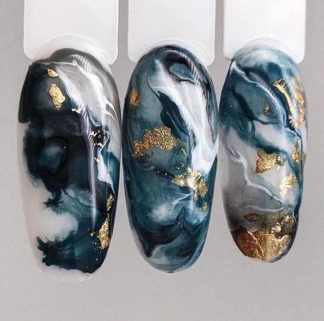 Ocean Blue Marble Nails, Blue And Silver Marble Nails, Pastel Blue Marble Nails, Gold Flake Marble Nails, Marbled Nails Gel, Blue Gold Marble Nails, Ocean Marble Nails, Winter Marble Nails, Nail Art Marble Blue