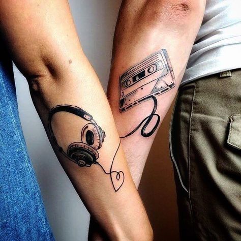 creative couple tattoo ideas © La Familia Tequila tattoo studio Music Couple Tattoo Ideas, Matching Music Tattoos Couples, Couple Music Tattoos, Music Couple Tattoos, Couples Music Tattoos, Tequila Tattoo, Tattoo Designs For Couples, Matching Tattoo Designs, Partner Tattoo