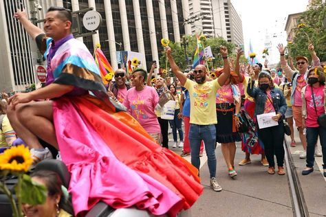 Emotions run high as San Francisco Pride Parade returns after two-year absence Sf Pride Parade, San Francisco Pride Parade, Lgbt Support, Stonewall Riots, Pride Parade, Market Street, Police Officer, Academic Dress, San Francisco