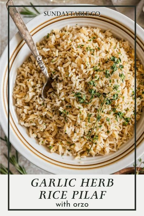 Rice Dishes With Salmon, Orzo Pilaf Recipes, Orzo Side Dishes, Herb And Butter Rice, Garlic And Herb Rice, Garlic Herb Rice, Rice Pilaf With Orzo, Easy Rice Side Dishes, Garlic Butter Rice