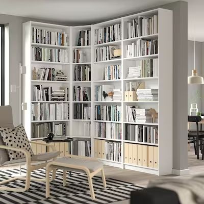 Shelving Units, Bookcases & Pantry Storage - IKEA Ikea Office Standing Shelves, Tv Corner Wall Unit, Shelving Office Wall, Ikea Billy Bookcase Tall, Book Office Design, Bookcase Tv Unit Bookshelves, Bookshelf Inspiration Office, Home Library White Shelves, Corner Shelves Bookshelves