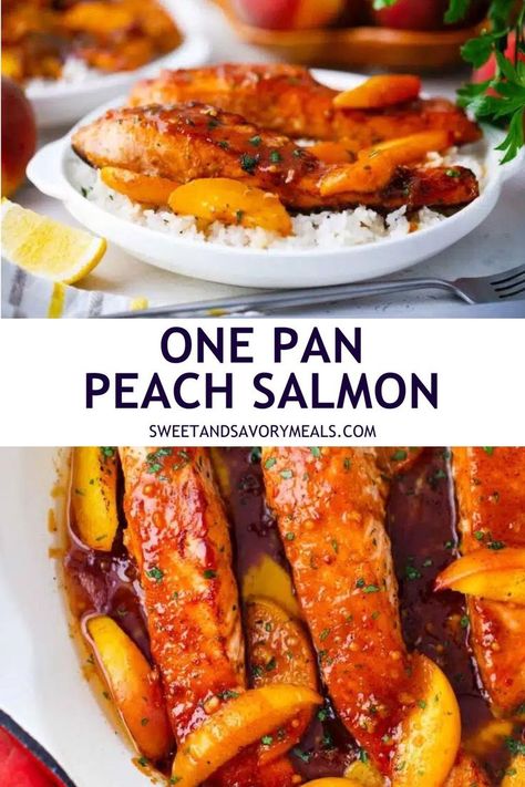 a plate with rice topped with one pan peach salmon and a pan with peach salmon in a creamy sauce Peach Fish Recipes, Vegetarian One Pot Meals, Lobster Dishes, Peach Salmon, Peach Preserves, Savory Meals, Spicy Salmon, Light Salad, Shellfish Recipes