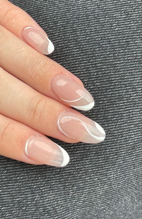 Almond Nails For School, Nail Inspo Swirl, School Nails Almond, Swirl Nails Almond, Swirl Nails, White Tip Nails, Line Nail Art, Nails Inspired, Cute Simple Nails