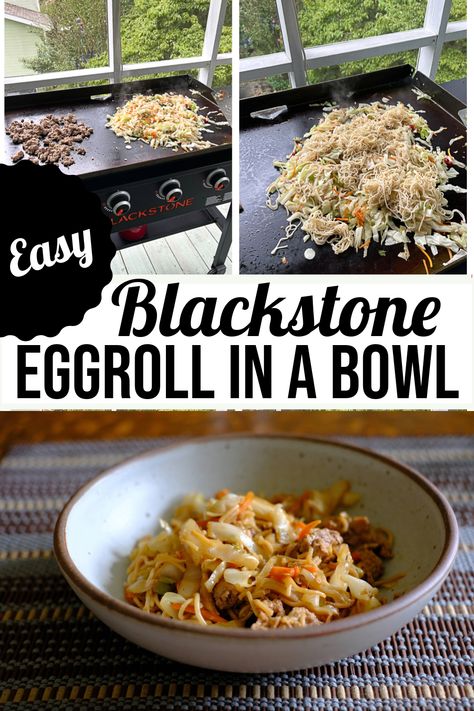 Blackstone Egg Roll in a Bowl - this quick and easy recipe let's you use your favorite griddle to get dinner on the table in a bout 30 minutes.  Very versatile, use your favorite ground meat or poultry, a coleslaw mix and whatever noodles you have on hand! Egg Roll In A Bowl Black Stone, Blackstone Egg Roll In A Bowl, Blackstone Eggs, Easy Chicken Stir Fry, Beef Lettuce Wraps, Egg Roll In A Bowl, Easy Meals For Two, Scrumptious Food, Grilled Fruit