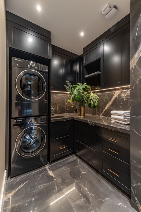 Luxurious Laundry Room Ideas, Walk In Pantry Laundry Room Combo, Upstairs Laundry Room Ideas, Room Black Aesthetic, Corner Laundry Room Ideas, Dream Laundry Room Luxury, Stackable Laundry Room Ideas, Tiny Laundry Area, Black Laundry Room Ideas