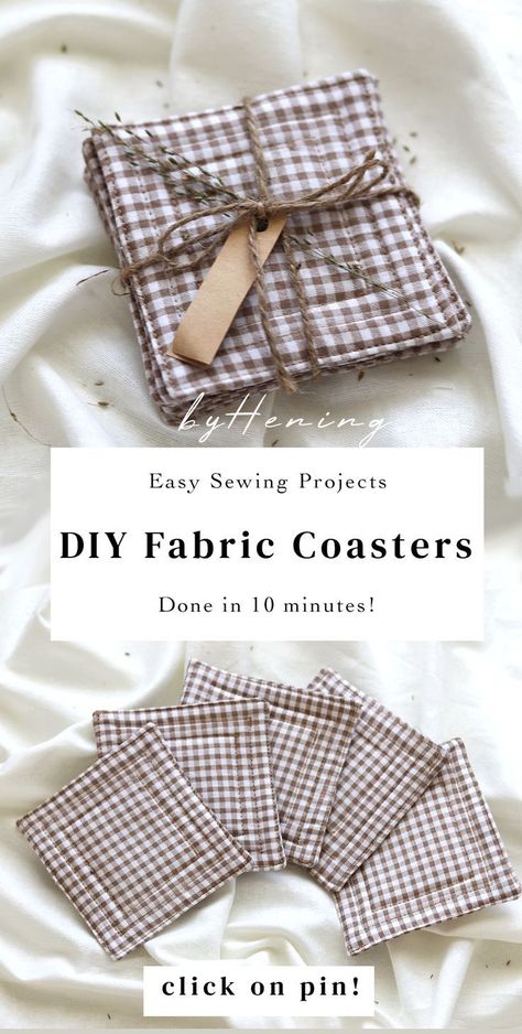 Sewing Projects Coasters, Diy Fabric Ideas Things To Make, How To Sew A Coaster, Diy Home Sewing Projects, Prequilted Fabric Projects Ideas, Diy Cloth Coasters, Sewing Mug Rugs, Very Easy Sewing Projects For Beginners, Easiest Thing To Sew