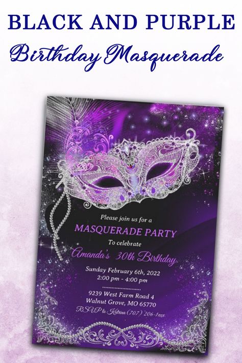 Editable Themes for Masquerade Party, Personalized Black and Purple Birthday Masquerade Party, Masquerade Ball Invitation Template, Masquerade, Any Age 60th Masquerade Birthday Party, Masquerade Ball Birthday Party, Black And Purple Birthday, Purple Masquerade Party, Birthday Masquerade Party, Masquerade Formal, Masquerade Party Themes, Masquerade Birthday Party, Masquerade Invitations