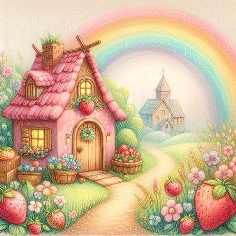 Fairy House Drawing Cottages, Strawberry Room, Fairy House Drawing, Coloured Pictures, Colored Houses, Whimsical Houses, Bathroom Gifts, Enchanted Home, Happy House