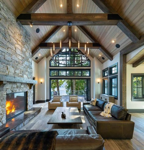 Fireplace Stone Ideas Rustic, Sectional Living Room Fireplace, Great Room With Cathedral Ceiling, 36x60 House Plans, Modern Rustic House Interior, Mountain House Interior Design, Luxury Mountain Homes Interiors, Great Room Design, Mountain Home Interiors