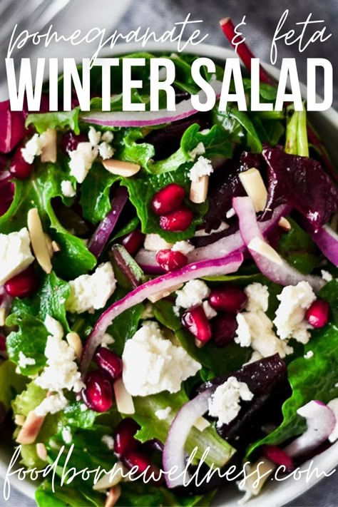 This fresh and flavorful Pomegranate Winter Salad is the perfect recipe for people who don't think they like salads. With crunchy almonds, salty feta, sweet pomegranate seeds, spicy red onion and a tangy honey lemon vinaigrette there is something for everyone. Cauliflower And Pomegranate Salad, Pomagranet Salad, Winter Salads For Parties, Pomegranate Salad Recipes, Pomegranate And Feta Salad, Winter Salads, Winter Salad Recipes, Thanksgiving Salad, Pomegranate Recipes