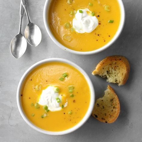 This delectable soup feels like fall! Its golden color and rich, satisfying flavor have made it a favorite of mine—which is really amazing because I was convinced I didn't like squash until I tried this recipe.—Becky Ruff, Monona, Iowa Soups To Make, Honey Butter Recipe, Creamy Soup Recipes, Sweet Potato Biscuits, Butternut Squash Recipes Soup, Squash Soup Recipe, Turkey Soup, Fall Dinner Recipes, Fall Soups