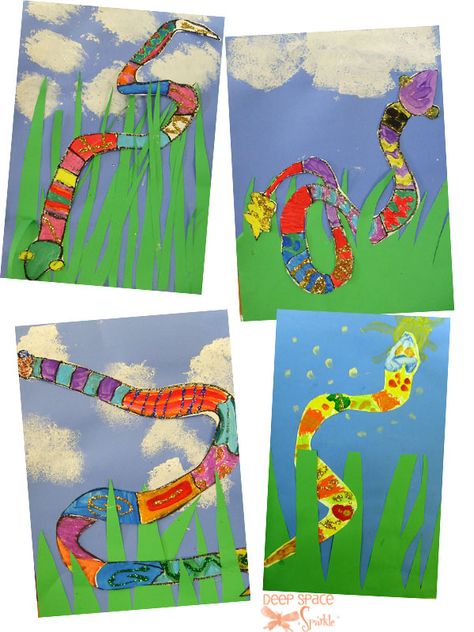 snakes-art-project - oh I know little boys who would love to make this....probably a little girl or two, too! :o) Grassy Background, Snakes In The Grass, March Art, Grade 1 Art, Pattern Collage, First Grade Art, Grass Art, Snake In The Grass, Deep Space Sparkle