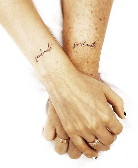 Soulmate script wrist tattoos by @coupletattoo_palma Couple Tattoos With Meaning, Skull Couple Tattoo, Couple Wrist Tattoos, Love Wrist Tattoo, Promise Tattoo, Small Couple Tattoos, Cute Couple Tattoos, Couple Tattoos Unique, Couples Tattoo Designs