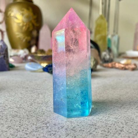 You Will Receive One Pink & Blue Aura Quartz Crystal Tower. Each Point Is A Similar Size And Color As Shown In The Photo. Please Allow For Some Variation In Shape And Color, As This Is Naturally Occurring. Aura Coating May Have Surface Blemishes. This Specimen Would Be A Beautiful Addition To An Altar And Meditation Space. Blue Aura Quartz, Crystal Rocks, Blue Cotton Candy, Cute School Stationary, Aura Quartz Crystal, Blue Aura, Dreamy Artwork, Crystal Power, Quartz Colors