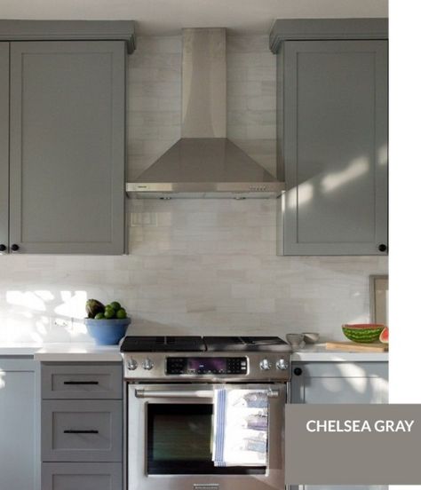 BM Chelsea Gray Benjamin Moore Chelsea Gray, Best Kitchen Cabinet Paint, Benjamin Moore Kitchen, Kitchen Cabinets Painted, Gray Cabinet, Wellborn Cabinets, Cabinet Diy, Cabinets Painted, Chelsea Gray