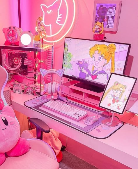 Sailor Moon Pc Setup, Kirby Gaming Setup, Kirby Themed Room, Sailor Moon Gaming Setup, Pink Gamer Setup, Kawaii Nintendo Switch, Pink Switch, Kawaii Nintendo, Pink Office Decor