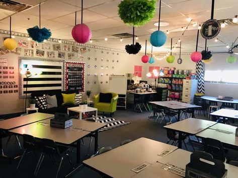 Classroom Decor With Lights, Classroom Lantern Decor, College Themed Classroom, Lights In Classroom Hanging, Black And Neon Classroom Theme, Led Lights Classroom Decor, Lamps In Classroom, Classroom Lighting Ideas Elementary, College Classroom Decor