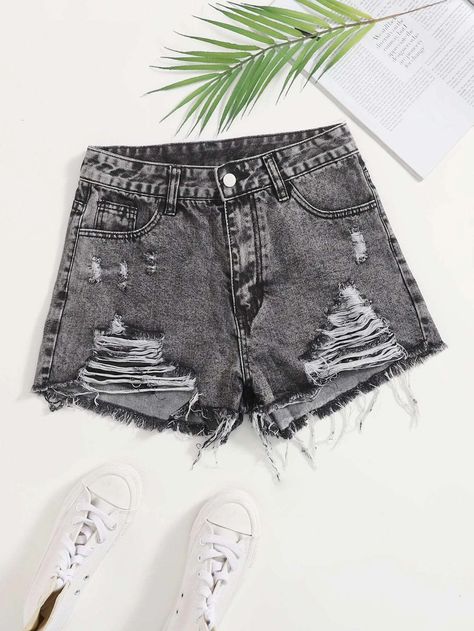 Ripped Detail Denim Shorts | SHEIN USA Grey Denim Shorts Outfit, Grey Jean Shorts, Short Mom Jeans, Women Jean Shorts, Grey Ripped Jeans, Jean Shorts Women, Shorts Aesthetic, Grey Denim Shorts, Ripped Jean Shorts