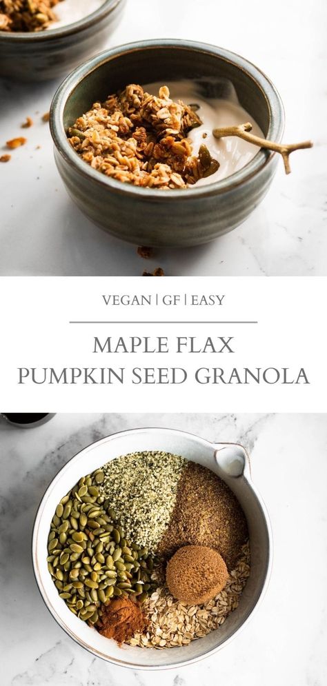 A sweet maple flax pumpkin seed granola with big clumps. This granola is packed with oats and seeds and flavored with a hint of cinnamon and vanilla. It's also vegan and can easily be made gluten-free with gluten-free oats. | Nourished by Caroline #vegan #vegetarian #granola #breakfast #veganbreakfast #glutenfree #glutenfreebreakfast #healthyrecipes #healthybreakfast #breakfastrecipes #nutfree Granola With Pumpkin Seeds, Seed Cycling Granola, Grainfree Granola, Low Calorie Granola Recipe, Pumpkin Flax Granola, Pumpkin Seed Granola, Low Calorie Granola, Vegan Granola Recipe, Flax Granola